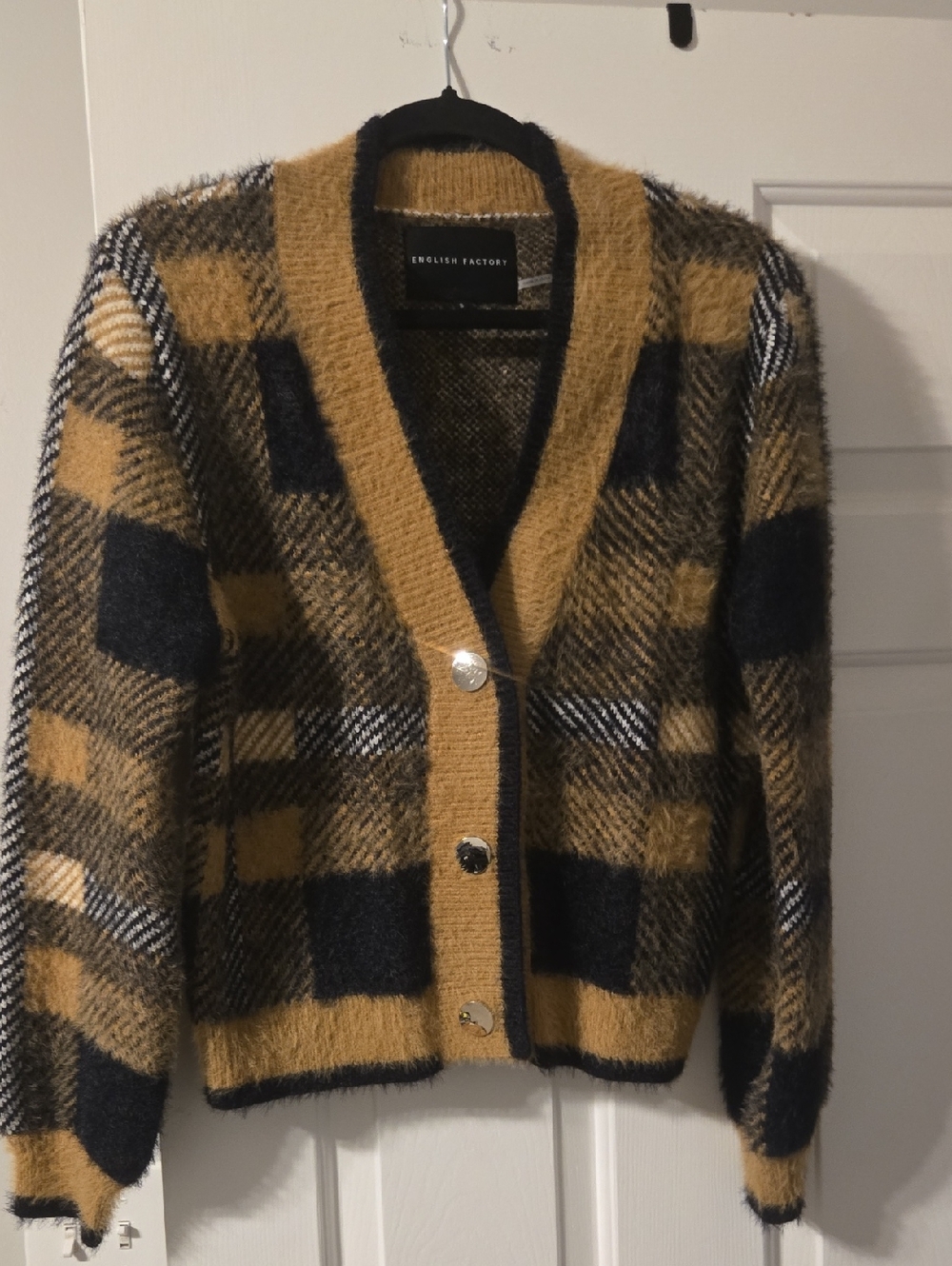 English Factory Beige and Black Plaid Fuzzy Button Cardigan